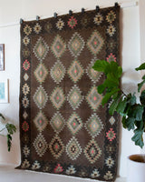 Vintage kilim rug in living room setting, bright colors, wild shaman, soft rug, bold color, Portland, Oregon, rug store, rug shop, local shop, vintage rug, modern kilim, warm colors