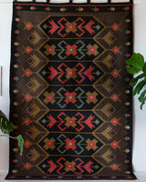 Vintage kilim rug in living room setting, bright colors, wild shaman, soft rug, bold color, Portland, Oregon, rug store, rug shop, local shop, vintage rug, modern kilim, warm colors