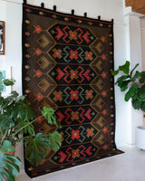 Vintage kilim rug in living room setting, bright colors, wild shaman, soft rug, bold color, Portland, Oregon, rug store, rug shop, local shop, vintage rug, modern kilim, warm colors