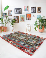 Vintage kilim rug in living room setting, bright colors, wild shaman, soft rug, bold color, Portland, Oregon, rug store, rug shop, local shop, vintage rug, modern kilim, warm colors