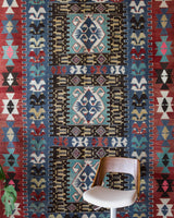 Vintage kilim rug in living room setting, bright colors, wild shaman, soft rug, bold color, Portland, Oregon, rug store, rug shop, local shop, vintage rug, modern kilim, warm colors