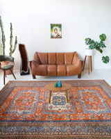 Vintage Turkish rug in a living room setting, pile rug, Turkish rug, vintage rug, portland, rug shop, bright colors, wild shaman, soft rug, bold color, Portland, Oregon, rug store, rug shop, local shop