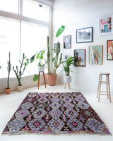 Vintage kilim rug in living room setting, bright colors, wild shaman, soft rug, bold color, Portland, Oregon, rug store, rug shop, local shop, vintage rug, modern kilim, warm colors