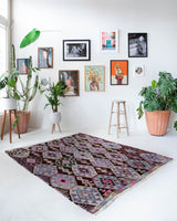 Vintage kilim rug in living room setting, bright colors, wild shaman, soft rug, bold color, Portland, Oregon, rug store, rug shop, local shop, vintage rug, modern kilim, warm colors