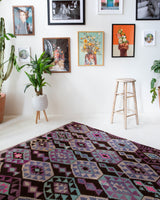 Vintage kilim rug in living room setting, bright colors, wild shaman, soft rug, bold color, Portland, Oregon, rug store, rug shop, local shop, vintage rug, modern kilim, warm colors