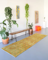 Vintage Overdyed Turkish Runner Rug in yellowy org. $450