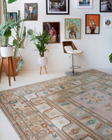 Vintage Turkish runner rug in living room setting, old rug, antique rug, pastel colors, faded colors, Turkish rug, vintage rug, soft rug, Portland, Oregon, rug store, rug shop, local shop