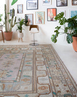 Vintage Turkish runner rug in living room setting, old rug, antique rug, pastel colors, faded colors, Turkish rug, vintage rug, soft rug, Portland, Oregon, rug store, rug shop, local shop