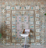 Vintage Turkish runner rug in living room setting, old rug, antique rug, pastel colors, faded colors, Turkish rug, vintage rug, soft rug, Portland, Oregon, rug store, rug shop, local shop