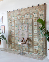 Vintage Turkish runner rug in living room setting, old rug, antique rug, pastel colors, faded colors, Turkish rug, vintage rug, soft rug, Portland, Oregon, rug store, rug shop, local shop