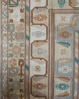 Vintage Turkish runner rug in living room setting, old rug, antique rug, pastel colors, faded colors, Turkish rug, vintage rug, soft rug, Portland, Oregon, rug store, rug shop, local shop