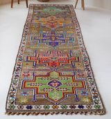 Vintage Turkish runner rug in a living room setting, pile rug, Turkish rug, vintage rug, portland, rug shop, bright colors, wild shaman, soft rug, bold color, Portland, Oregon, rug store, rug shop, local shop, antique rug