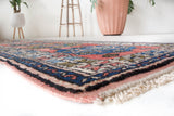 Vintage Turkish runner rug in living room setting, old rug, antique rug, pastel colors, faded colors, Turkish rug, vintage rug, soft rug, Portland, Oregon, rug store, rug shop, local shop