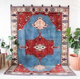 Vintage Turkish rug in a living room setting, pile rug, Turkish rug, vintage rug, portland, rug shop, bright colors, wild shaman, soft rug, bold color, Portland, Oregon, rug store, rug shop, local shop