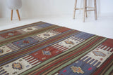Vintage kilim rug in living room setting, old rug, antique rug, pastel colors, faded colors, Turkish rug, vintage rug, soft rug, Portland, Oregon, rug store, rug shop, local shop, earthy tones, earthy colors, warm colors