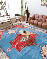 Vintage Turkish rug in a living room setting, pile rug, Turkish rug, vintage rug, portland, rug shop, bright colors, wild shaman, soft rug, bold color, Portland, Oregon, rug store, rug shop, local shop