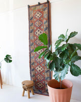 Vintage Turkish runner rug in living room setting, old rug, antique rug, pastel colors, faded colors, Turkish rug, vintage rug, soft rug, Portland, Oregon, rug store, rug shop, local shop