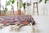 Vintage kilim rug in room decor setting, old rug, antique rug, pastel colors, faded colors, Turkish rug, vintage rug, soft rug, Portland, Oregon, rug store, rug shop, local shop, bold colors, bright colors, faded colors
