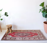 Vintage Turkish runner rug in living room setting, old rug, antique rug, pastel colors, faded colors, Turkish rug, vintage rug, soft rug, Portland, Oregon, rug store, rug shop, local shop