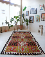 Vintage kilim rug in living room setting, bright colors, wild shaman, soft rug, bold color, Portland, Oregon, rug store, rug shop, local shop, vintage rug, modern kilim, warm colors