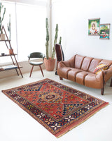 Vintage Turkish rug in a living room setting, pile rug, Turkish rug, vintage rug, portland, rug shop, bright colors, wild shaman, soft rug, bold color, Portland, Oregon, rug store, rug shop, local shop, antique rug