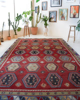 Vintage Turkish rug in a living room setting, pile rug, Turkish rug, vintage rug, portland, rug shop, bright colors, wild shaman, soft rug, bold color, Portland, Oregon, rug store, rug shop, local shop, antique rug