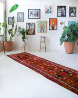 Vintage Turkish runner rug in a living room setting, pile rug, Turkish rug, vintage rug, portland, rug shop, bright colors, wild shaman, soft rug, bold color, Portland, Oregon, rug store, rug shop, local shop, antique rug