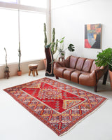 Vintage Turkish rug in a living room setting, pile rug, Turkish rug, vintage rug, portland, rug shop, bright colors, wild shaman, soft rug, bold color, Portland, Oregon, rug store, rug shop, local shop, antique rug
