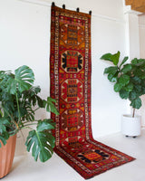 Vintage Turkish runner rug in a living room setting, pile rug, Turkish rug, vintage rug, portland, rug shop, bright colors, wild shaman, soft rug, bold color, Portland, Oregon, rug store, rug shop, local shop, antique rug