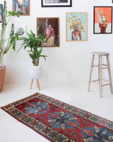 Vintage Turkish runner rug in a living room setting, pile rug, Turkish rug, vintage rug, portland, rug shop, bright colors, wild shaman, soft rug, bold color, Portland, Oregon, rug store, rug shop, local shop, antique rug