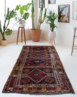 Vintage Turkish runner rug in a living room setting, pile rug, Turkish rug, vintage rug, portland, rug shop, bright colors, wild shaman, soft rug, bold color, Portland, Oregon, rug store, rug shop, local shop, antique rug