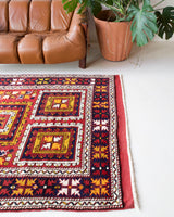 Vintage Turkish rug in a living room setting, pile rug, Turkish rug, vintage rug, portland, rug shop, bright colors, wild shaman, soft rug, bold color, Portland, Oregon, rug store, rug shop, local shop, antique rug