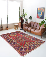 Vintage Turkish rug in a living room setting, pile rug, Turkish rug, vintage rug, portland, rug shop, bright colors, wild shaman, soft rug, bold color, Portland, Oregon, rug store, rug shop, local shop, antique rug