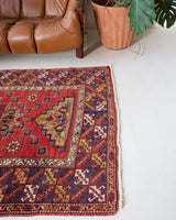 Vintage Turkish rug in a living room setting, pile rug, Turkish rug, vintage rug, portland, rug shop, bright colors, wild shaman, soft rug, bold color, Portland, Oregon, rug store, rug shop, local shop, antique rug