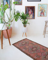 Vintage Turkish runner rug in living room setting, old rug, antique rug, pastel colors, faded colors, Turkish rug, vintage rug, soft rug, Portland, Oregon, rug store, rug shop, local shop