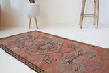 Vintage Turkish runner rug in living room setting, old rug, antique rug, pastel colors, faded colors, Turkish rug, vintage rug, soft rug, Portland, Oregon, rug store, rug shop, local shop