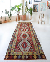 Vintage Turkish runner rug in a living room setting, pile rug, Turkish rug, vintage rug, portland, rug shop, bright colors, wild shaman, soft rug, bold color, Portland, Oregon, rug store, rug shop, local shop, antique rug