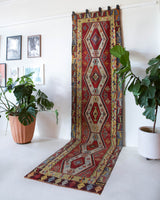 Vintage Turkish runner rug in a living room setting, pile rug, Turkish rug, vintage rug, portland, rug shop, bright colors, wild shaman, soft rug, bold color, Portland, Oregon, rug store, rug shop, local shop, antique rug