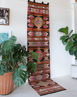 Vintage Turkish runner rug in a living room setting, pile rug, Turkish rug, vintage rug, portland, rug shop, bright colors, wild shaman, soft rug, bold color, Portland, Oregon, rug store, rug shop, local shop, antique rug