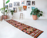 Vintage Turkish runner rug in a living room setting, pile rug, Turkish rug, vintage rug, portland, rug shop, bright colors, wild shaman, soft rug, bold color, Portland, Oregon, rug store, rug shop, local shop, antique rug