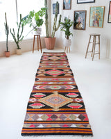 Vintage Turkish runner rug in a living room setting, pile rug, Turkish rug, vintage rug, portland, rug shop, bright colors, wild shaman, soft rug, bold color, Portland, Oregon, rug store, rug shop, local shop, antique rug