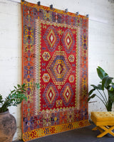 Turkish rug, vintage rug, flat weave, kilim rug, large area rug, square rug, Wild Shaman, Portland, Oregon, rug store, rug shop, local shop, bright colors, area rug, red rug, bold color