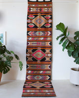 Vintage Turkish runner rug in a living room setting, pile rug, Turkish rug, vintage rug, portland, rug shop, bright colors, wild shaman, soft rug, bold color, Portland, Oregon, rug store, rug shop, local shop, antique rug