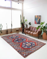 Vintage Turkish rug in a living room setting, pile rug, Turkish rug, vintage rug, portland, rug shop, bright colors, wild shaman, soft rug, bold color, Portland, Oregon, rug store, rug shop, local shop, antique rug