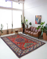 Vintage Turkish rug in a living room setting, pile rug, Turkish rug, vintage rug, portland, rug shop, bright colors, wild shaman, soft rug, bold color, Portland, Oregon, rug store, rug shop, local shop, antique rug