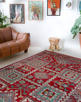 Vintage Turkish rug in a living room setting, pile rug, Turkish rug, vintage rug, portland, rug shop, bright colors, wild shaman, soft rug, bold color, Portland, Oregon, rug store, rug shop, local shop