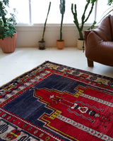 Vintage Turkish rug in a living room setting, pile rug, Turkish rug, vintage rug, portland, rug shop, bright colors, wild shaman, soft rug, bold color, Portland, Oregon, rug store, rug shop, local shop