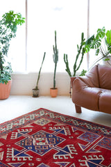 Vintage Turkish rug in a living room setting, pile rug, Turkish rug, vintage rug, portland, rug shop, bright colors, wild shaman, soft rug, bold color, Portland, Oregon, rug store, rug shop, local shop