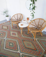 old rug, antique rug, earthy colors, faded colors, Turkish rug, vintage rug, flat weave, kilim rug, large area rug, square rug, Wild Shaman, Portland, Oregon, rug store, rug shop, local shop