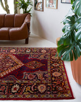 Vintage Turkish rug in a living room setting, pile rug, Turkish rug, vintage rug, portland, rug shop, bright colors, wild shaman, soft rug, bold color, Portland, Oregon, rug store, rug shop, local shop